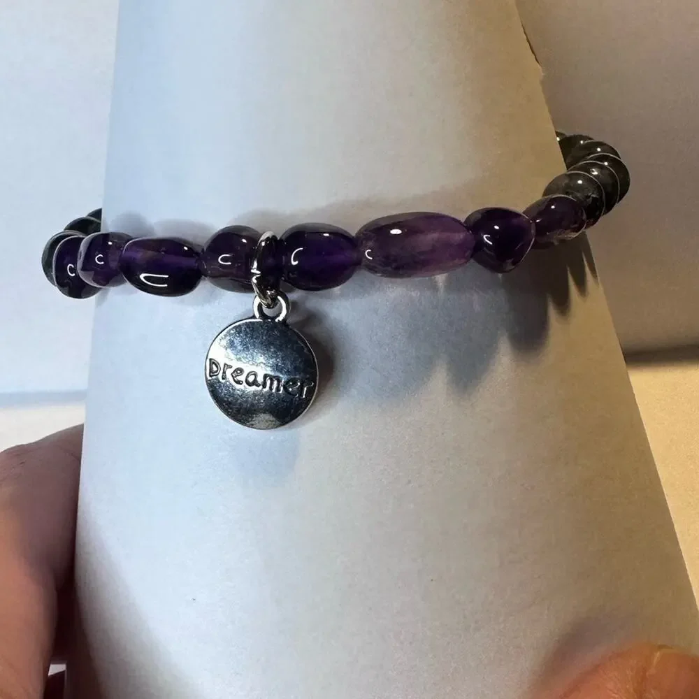 Labradorite Amethyst stretch bracelet Dreamer charm beads gemstone 7 inch